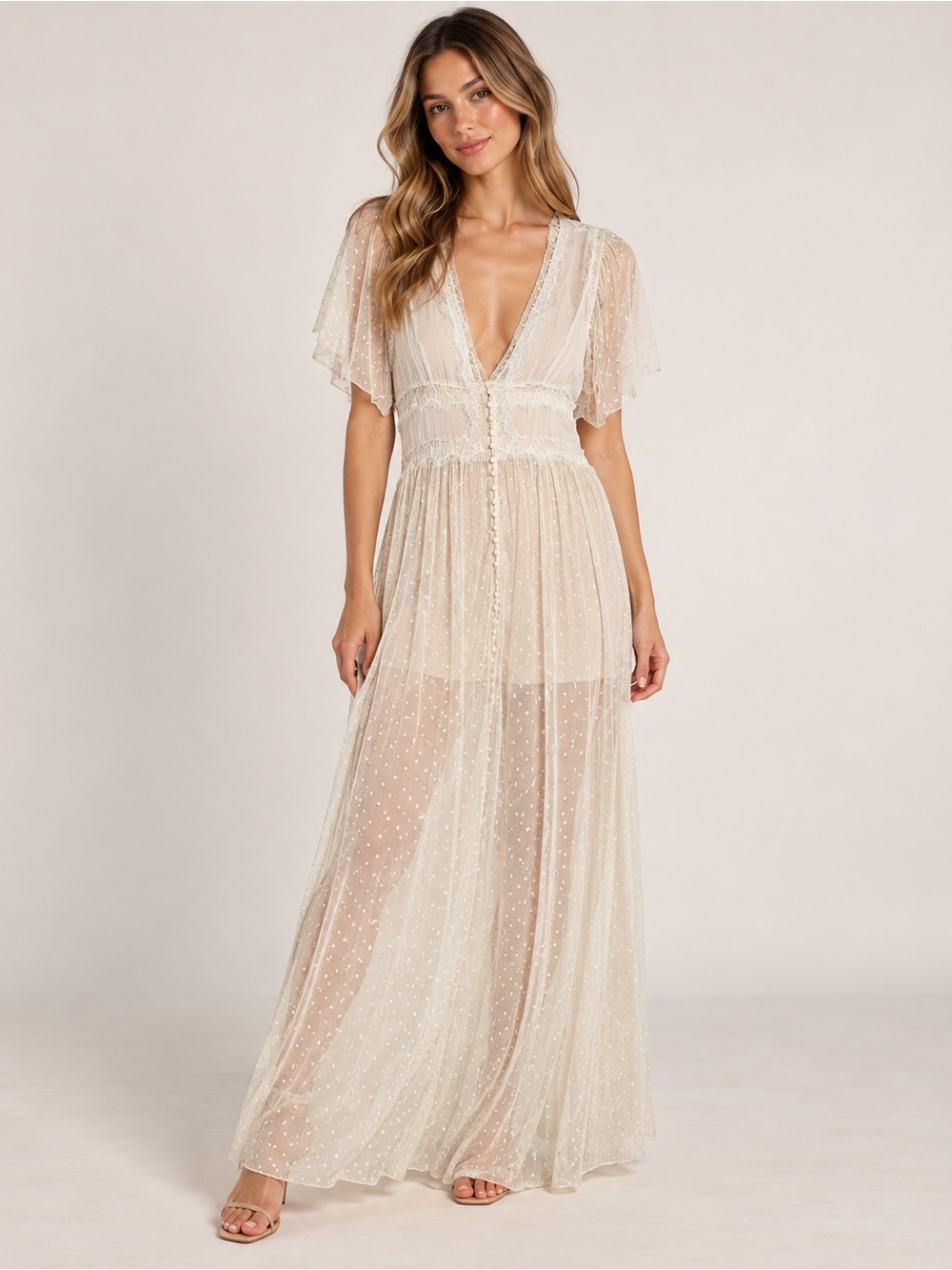 Free People Ivory Sheer Dotted Maxi Dress